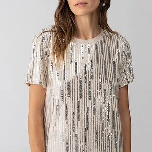 Sanctuary Sequin Stripe Short Sleeve Tee in Ivory and Silver